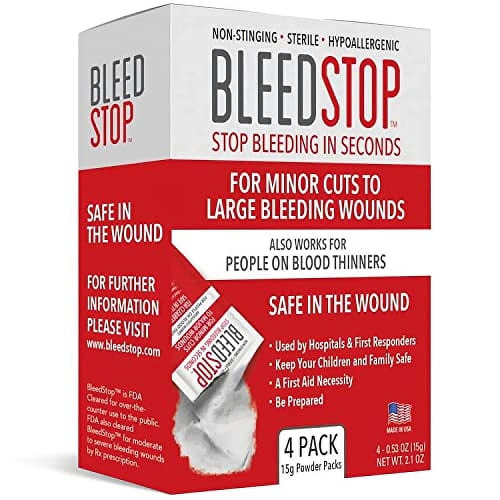BleedStopâ„¢ First Aid Powder for Blood Clotting, Trauma Kit, Blood Thinner Patients, Camping Safety, and Survival Equipment for Moderate to Severe Bleeding Wounds or Nosebleeds - 4 (15g) Po