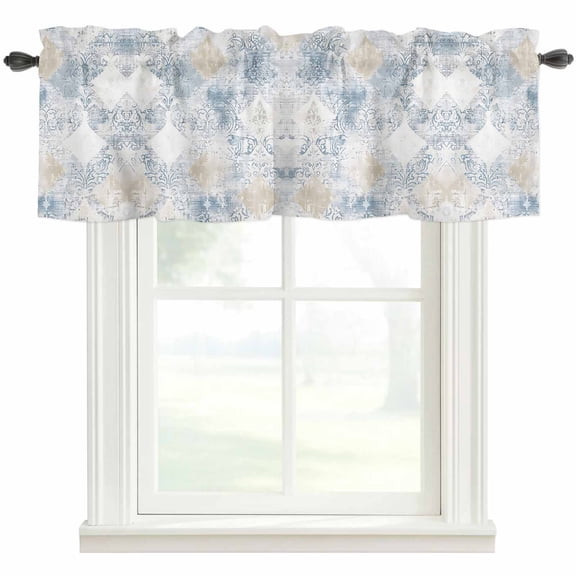 Blue Beige Floral Kitchen Valances for Windows, Vintage Smear Abstract Art Bathroom Window Valances 54x18 Inch Rod Pocket Window Treatments Valance Curtains for Living Room Bedroom Decor