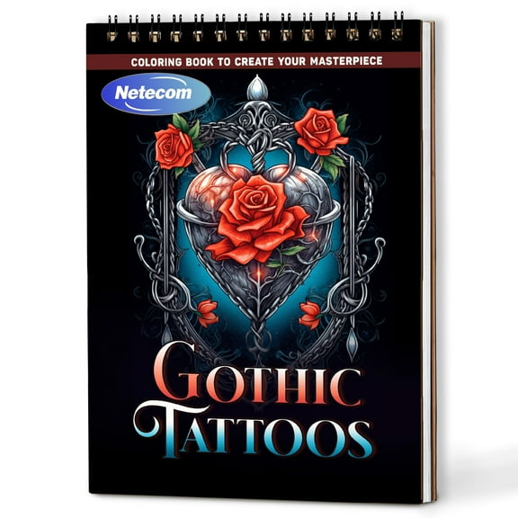 Netecom Gothic Tattoos Coloring Book Spiral Bound For Adults, A5 Wooden Cover, 30 Beautiful Coloring Pages of Tattoo Inspired Designs for Stress Relief and Relaxation