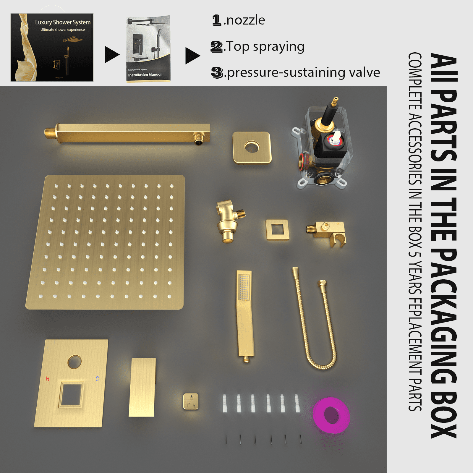 Fatspas Shower System, 12 inch Wall Mounted Brushed Gold Shower Faucet Set for Bathroom with High Pressure Rain Shower Head and Handheld Shower Head Set, Shower Combo Set with Valve Body