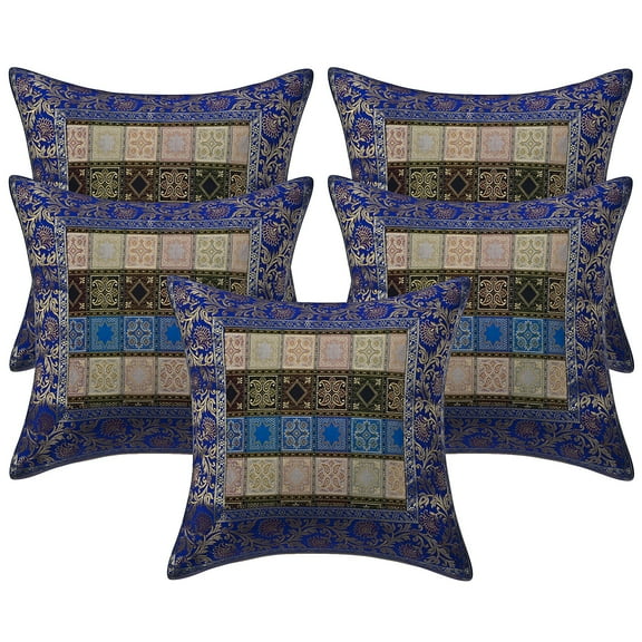 Stylo Culture Indian Couch Throw Pillow Covers 16 x 16 Jacquard Dark Green Traditional 40x40 cm Home Decor Brocade Floral Zippered Square Cushion Covers | Set Of 5