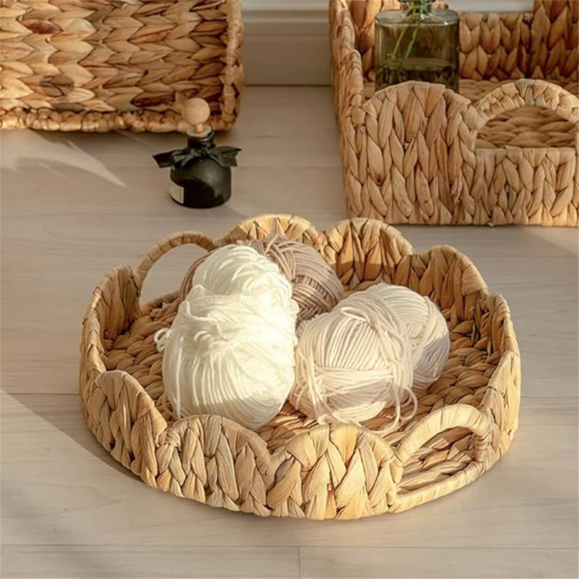 WHEANG Round Tray Serving Tray With In Handles Decoratve For Coffee Table Rattan