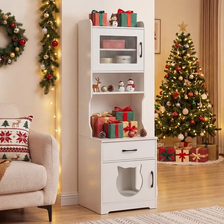 Costway Cat Litter Box Enclosure with Adjustable LED Light Storage Shelves Charging Station White