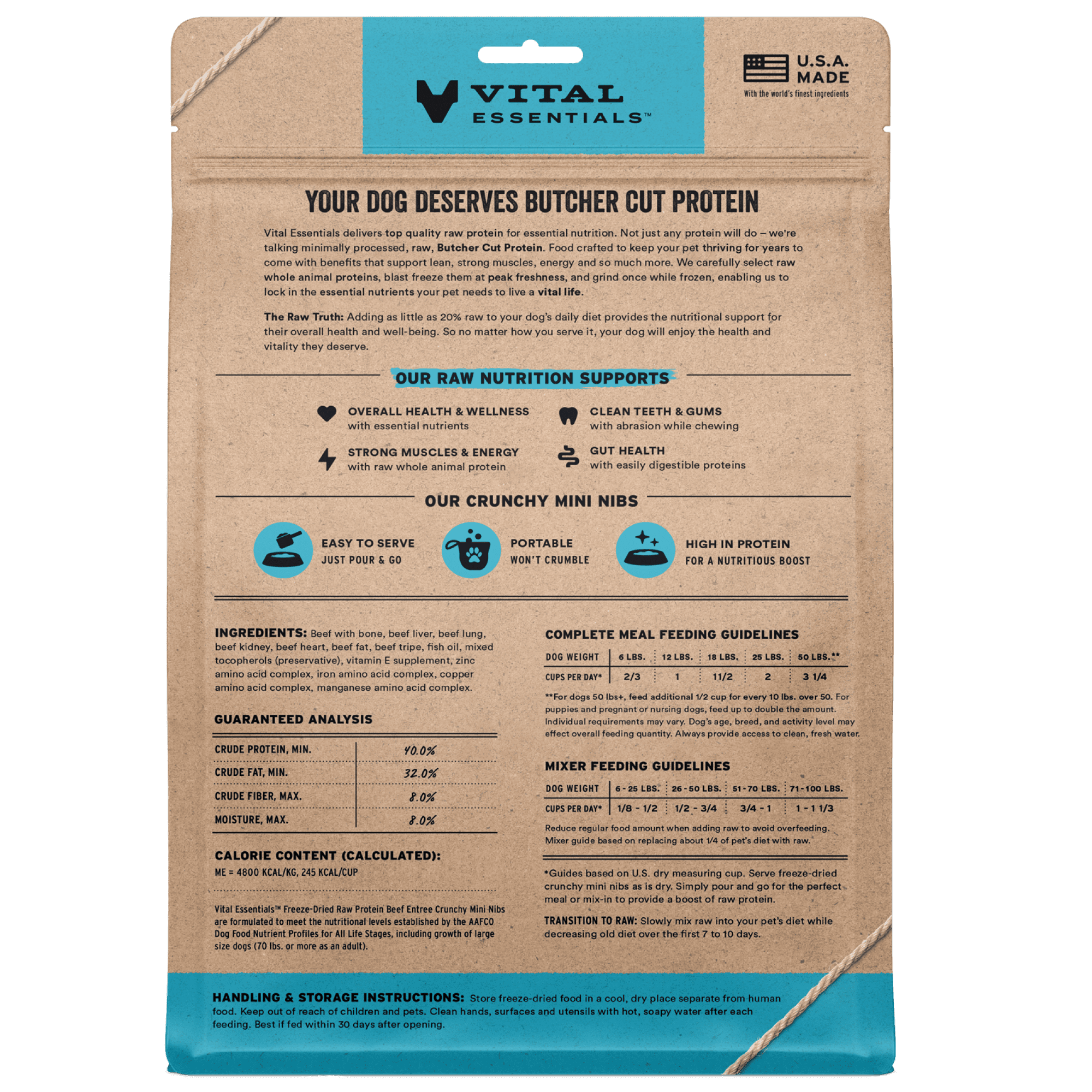 Vital Essentials Freeze Dried Dog Food, Raw Beef Crunchy Mini Nibs | Complete Meal or Topper | 96% Beef, Organs & Bone | Limited Ingredient, High Protein, Grain Free Dry Dog Food | 14 oz bag