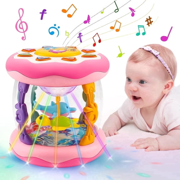 Ficcug Baby Musical Toys for 6-12 Months,Baby Light Up Rotating Ocean Projector Drums Toy for Infant Tummy Time,Learning Crawling Toys for 1 2 3 Year Old Toddler Girls Birthday Gift,Pink