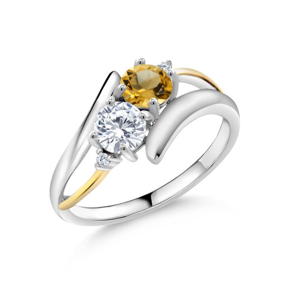 Gem Stone King 925 Silver and 10K Yellow Gold Ring Round Yellow Citrine and Moissanite (1.25 Cttw, Size 8)