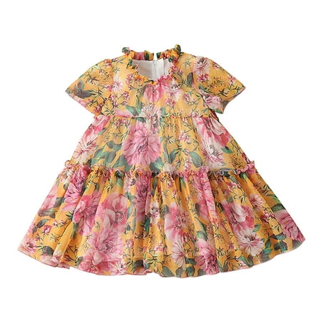 

Baby Girls Dress Short Sleeve Floral Printed Princess Toddler Cute Cartoon Soft Trendy Spring Summer Casual Gifts To Child Girls Clothes