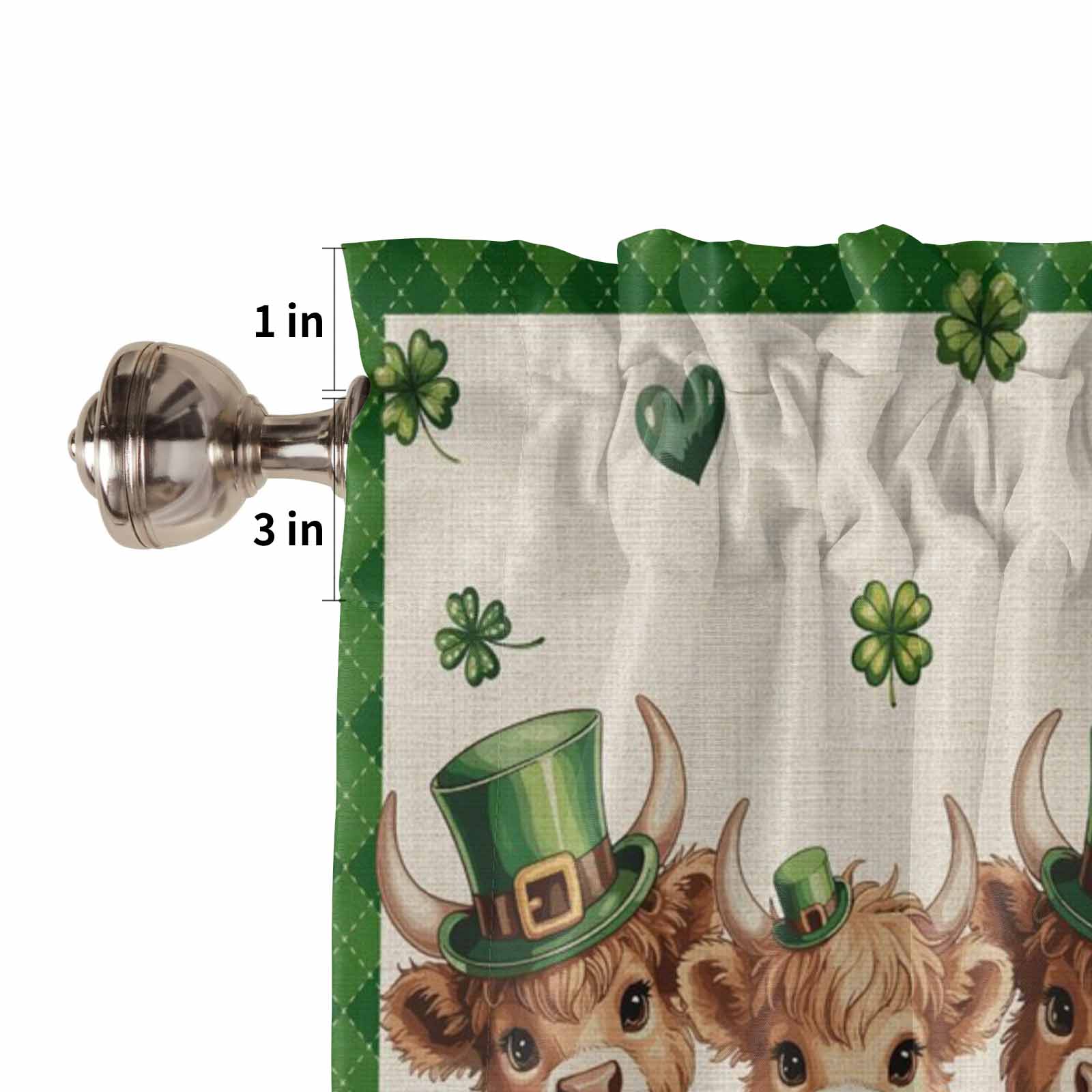St. Patrick's Day Kitchen Curtains Valances and Tiers Set of 3 Watercolor Green Hat Cow Shamrock Love Linen Texture Tier Curtains and Valance Rod Pocket Valance Curtains Set s 36 Inch Length