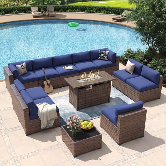Aoxun 12 Piece Patio Furniture Set with 44” Fire Pit Table Wicker Rattan Outdoor Sectional Sofa Set with Coffee Table and 4” Thickened Cushions, Blue (Waterproof Cover Included)