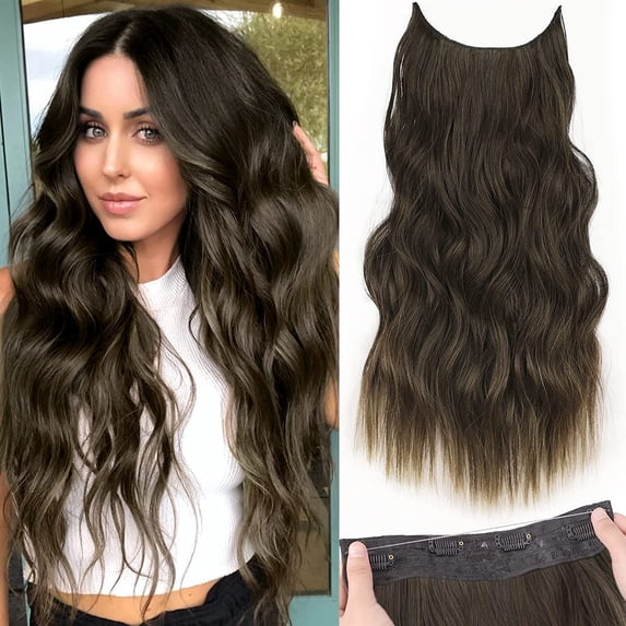 Invisible Wire Hair Extensions with Transparent Wire Adjustable Size 4 Secure Clips Long Wavy Secret Hairpiece 16 Inch Dark Walnut Brown for Women