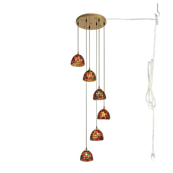 KAYYELAMP Handmade Stained Glass 6-Light Adjusted Height Chandelier with Plug-in Cord 15ft No Hardwiring Required Vintage Dimmable Ceiling Lamp Fixture for Living Room Dining Room Farmhouse