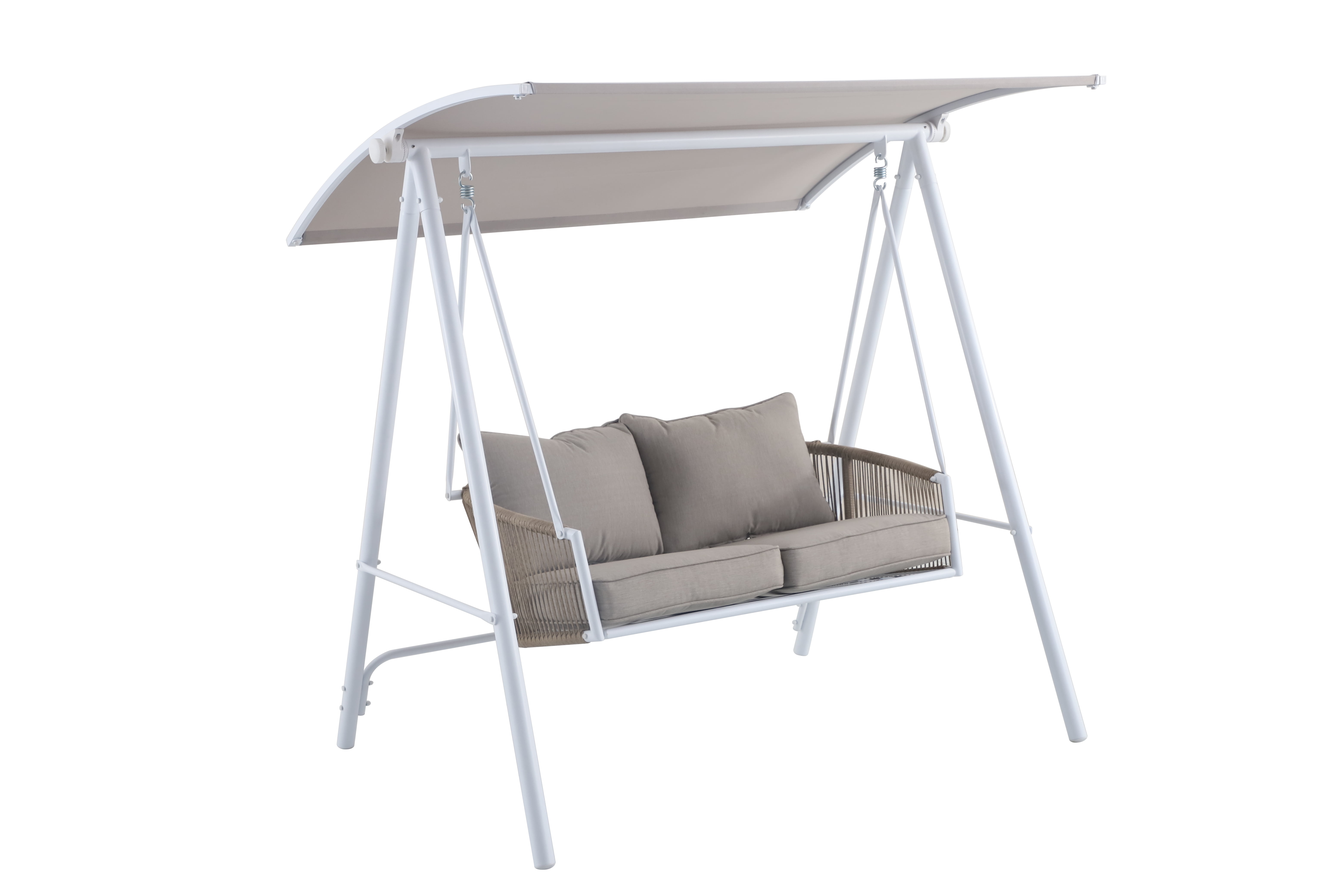 Mainstays Lawson Ridge 2-Seat Steel Outdoor Freestanding Porch Swing with Canopy and Cushions, Tan