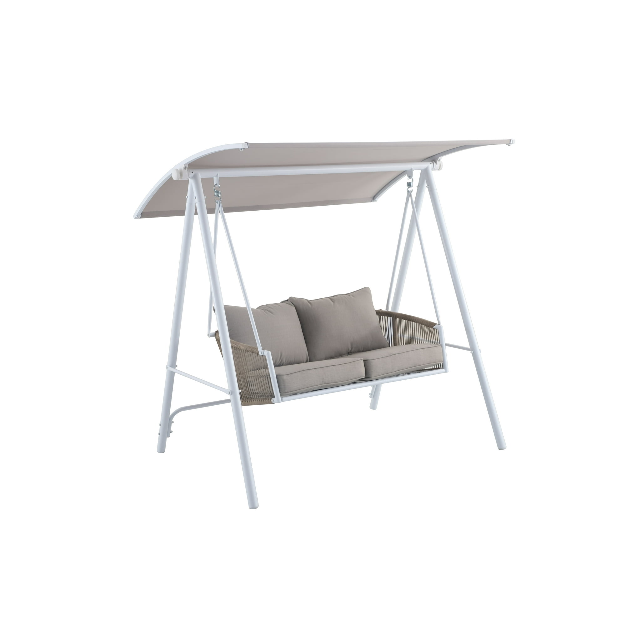 Mainstays Lawson Ridge 2-Seat Steel Outdoor Freestanding Porch Swing with Canopy and Cushions, Tan