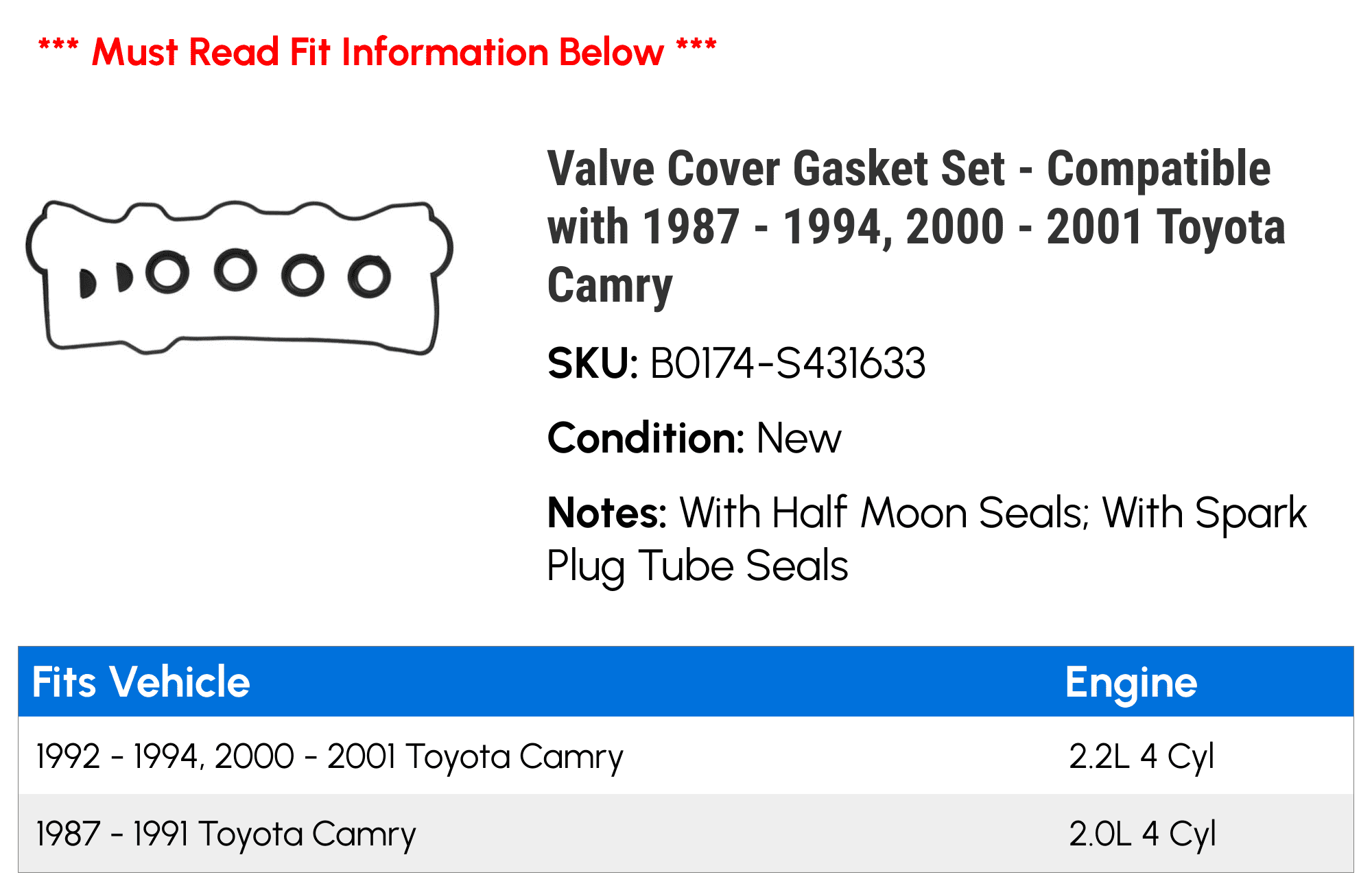 Valve Cover Gasket Set - Compatible with 1987 - 1994, 2000 - 2001 Toyota Camry 1988 1989 1990 1991 1992 1993