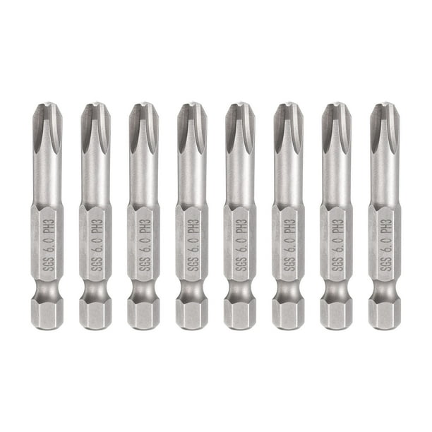 Uxcell 8pcs #3 Punta de Destornillador Phillips PH3 Vástago Hexagonal de 1/4" Longitud de 2" (50mm) Varilla Magnética Puntas de Taladro de Cabeza Cruzada de Acero S2