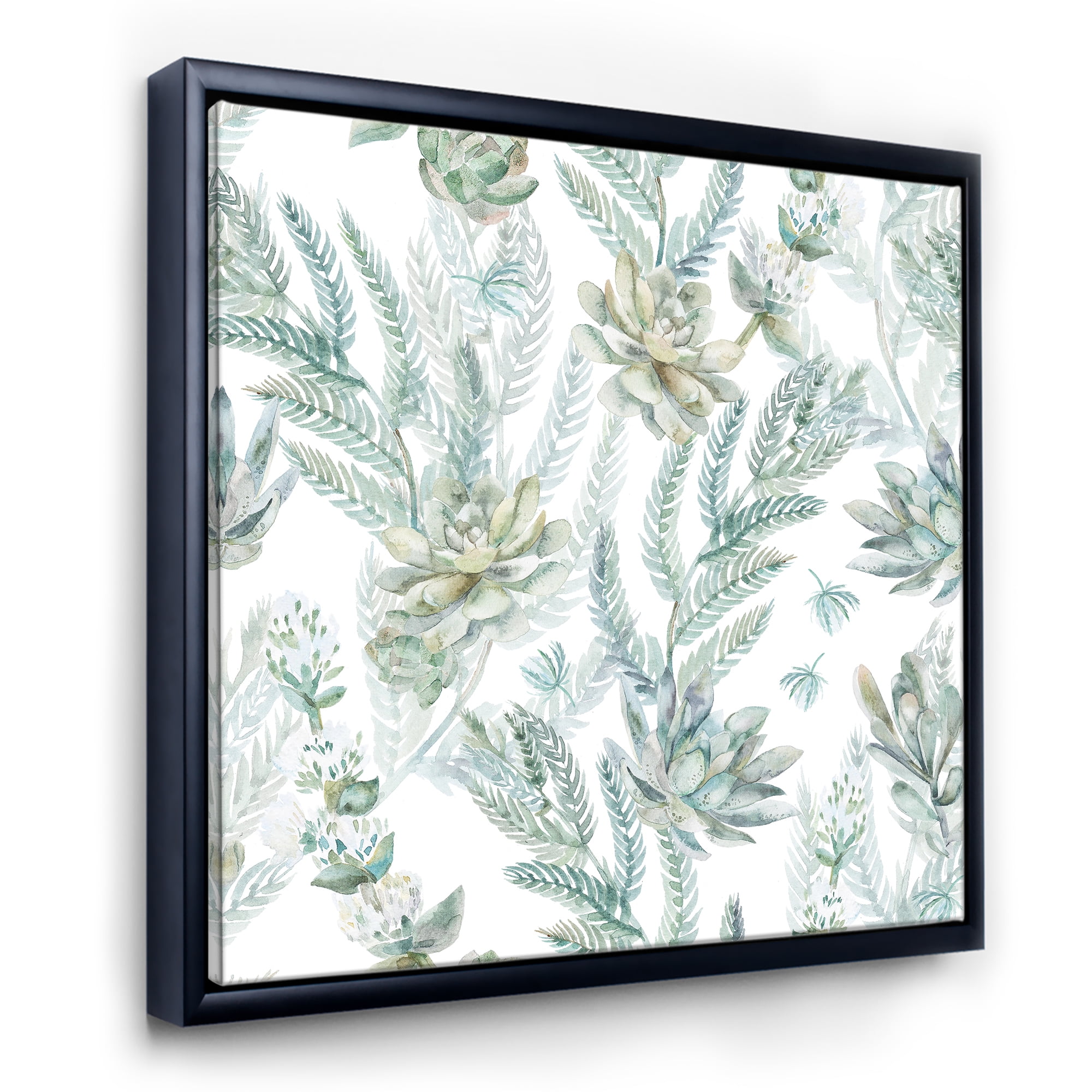 Designart 'Floral Seamless Pattern Succulents and Ferns Thorns' Farmhouse Framed Canvas Wall Art Print