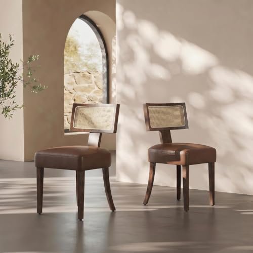 Dining Chairs Set of 2, Mid Century Modern Upholstered Chairs with Rattan Wood Back, Armless Kitchen Chairs with Brown Wood Legs for Dining Room Living Room, Brown