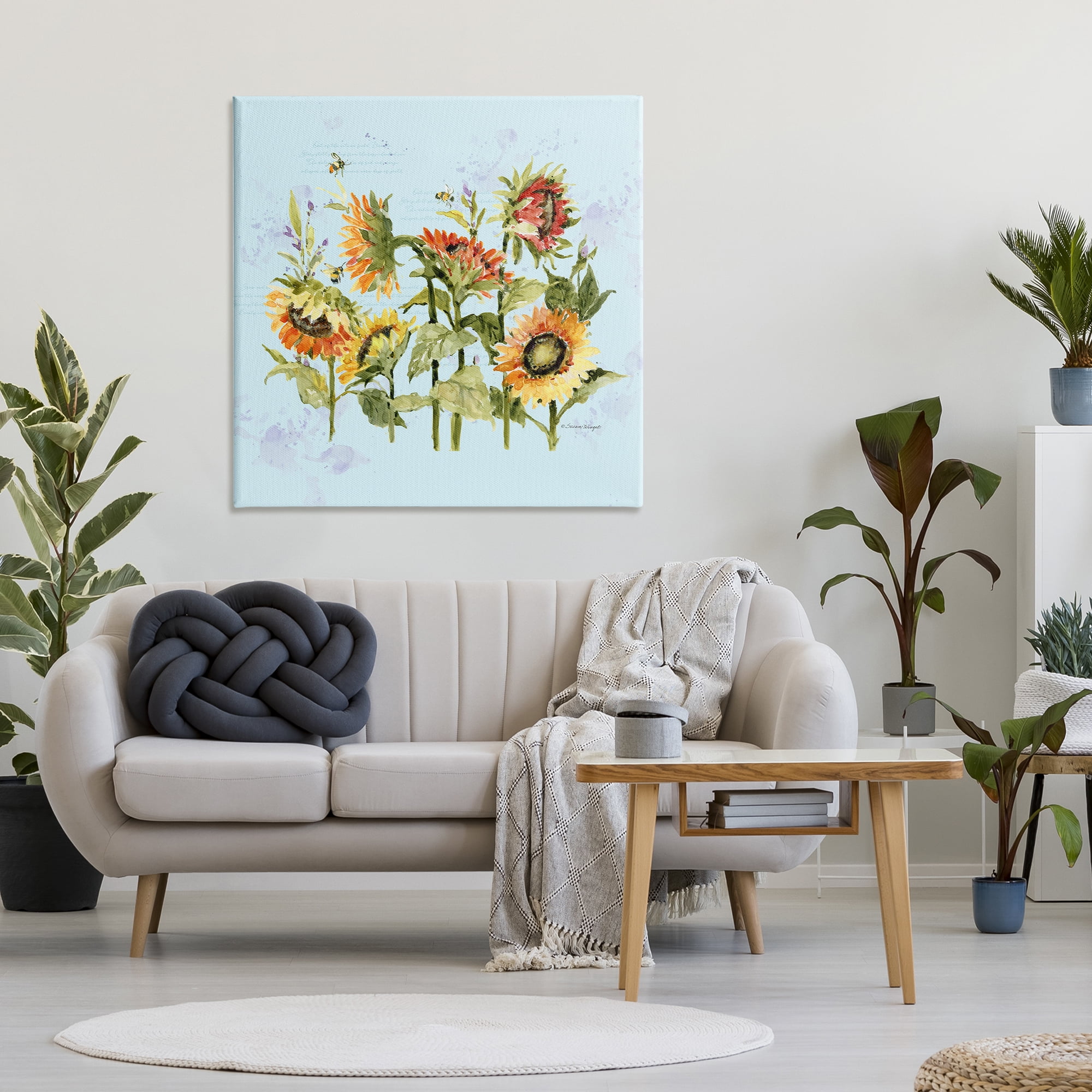 Stupell Industries Sunflowers & Bee on Blue Canvas Wall Art, design by Susan Winget