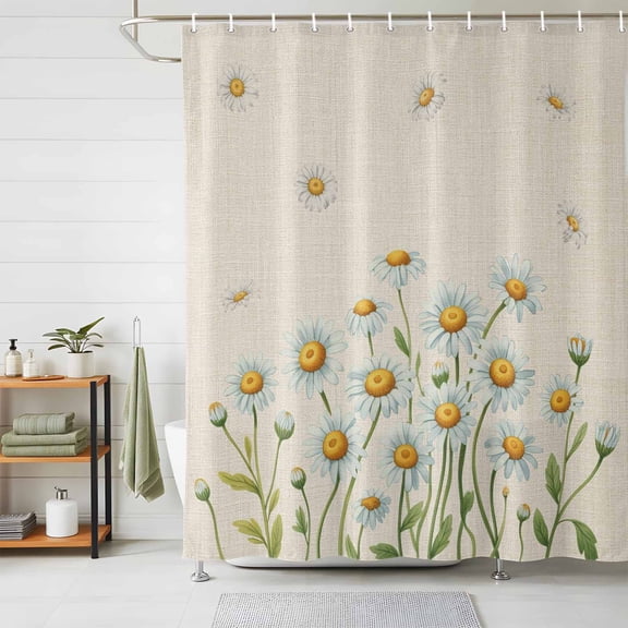 Shower Curtain Watercolor Daisy Leaf Shower Curtains for Bathroom Decor, Waterproof Polyester Shower Curtain Set with Hooks, Extra Long 72" x 84" Linen Texture