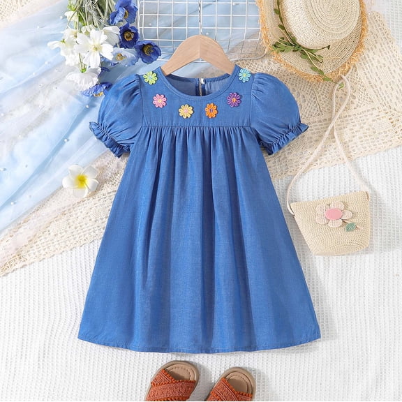 Colorful 3D Floral Sleeve Dress with Ruffle for Girls Elegant Party and Casual Wear Shirt Toddler Preschool Dress Back Dress for Wedding 4 Years Girl Clothes Girls Casual Dresses Size 8 Kids
