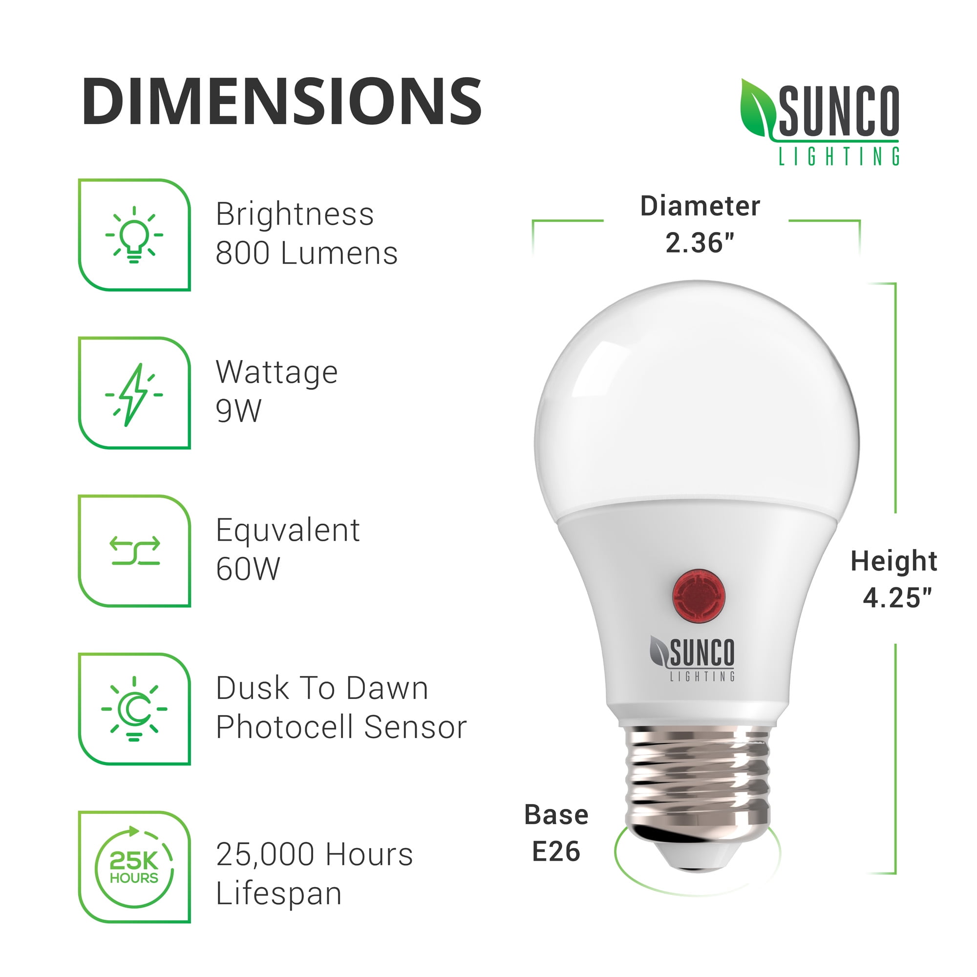 Sunco 10 Pack A19 LED Bulb with Dusk to Dawn, 9W=60W, 800 LM, 5000K Daylight, Auto On/Off Photocell Sensor - UL