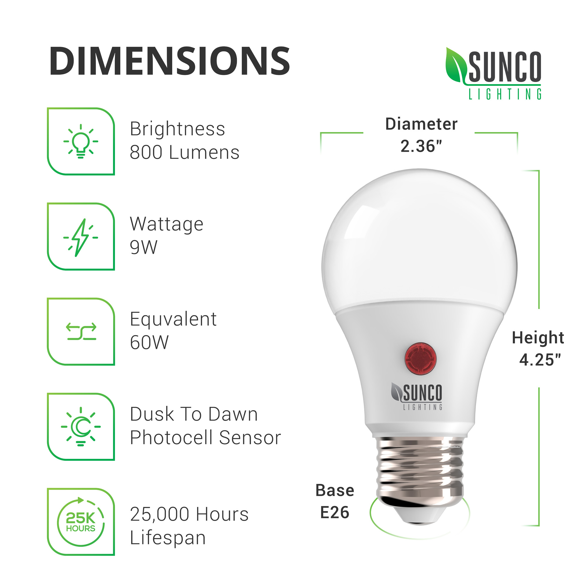 Sunco Lighting Pack A19 LED Bulb with Dusk to Dawn, 9W=60W, 800 LM, 3000K  Warm White, Auto On/Off Photocell Sensor UL