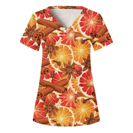 

Women Scrubs Top Nurses Clothing Working Uniform Top Care Workwears V-Neck Short Sleeve Top Printed T-Shirt Fashion