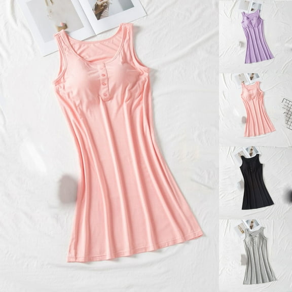 Antinious Womens Nightdress Plus Size Solid Sleeveless Built-In Bra Loose Sleep Dress,Nightgowns for Women,Women Pajama Dress,Black,L