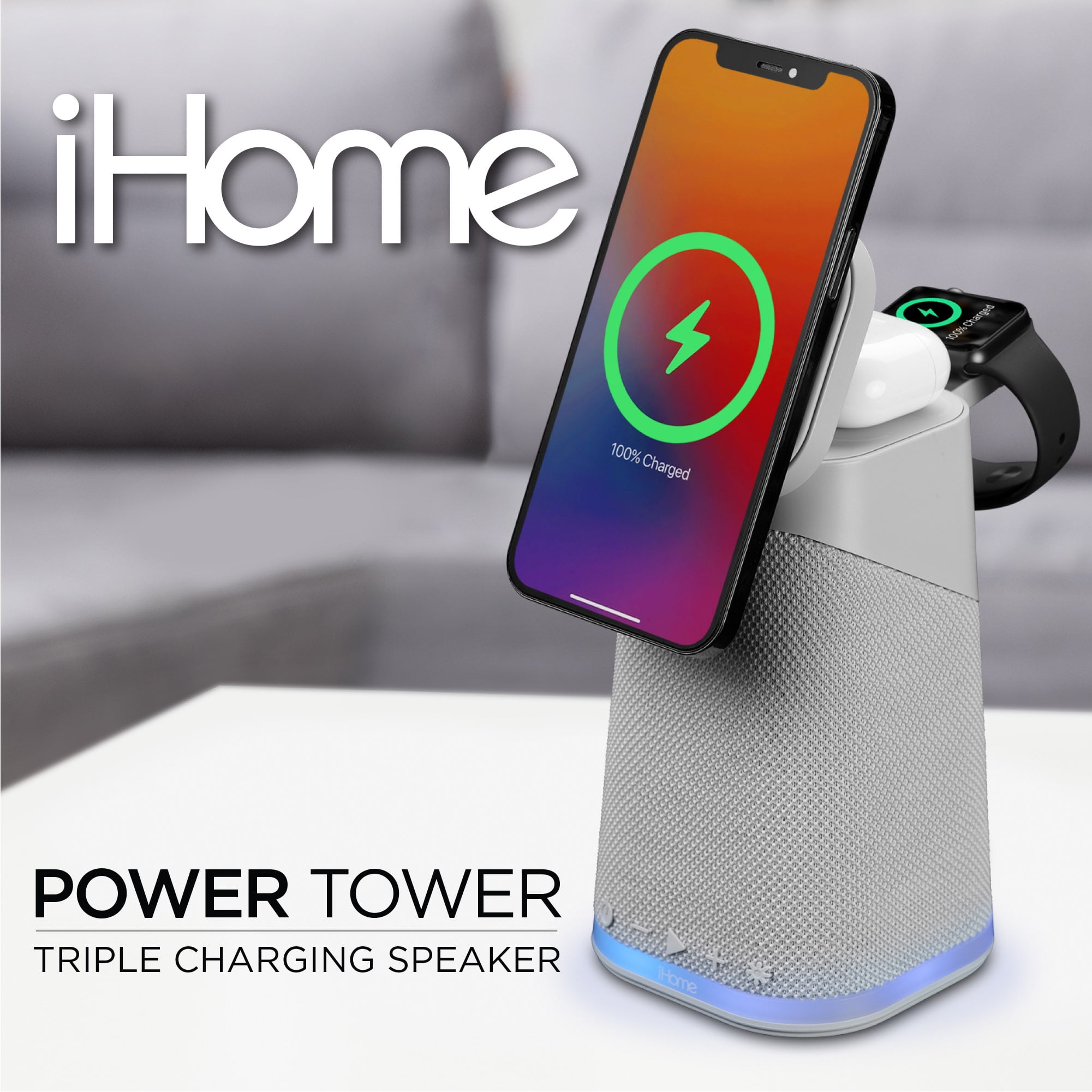 iHome Wireless Charger with Apple Watch Charger, Bluetooth Speaker, and Night Light - Grey (iPBT70G)