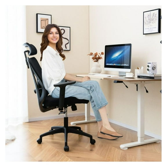 Mesh Office Chair Ergonomic Adjustable Swivel Task Chair with Rocking Backrest & Lumbar Support - Black - 350lbs Capacity - Home & Office Desk Chair