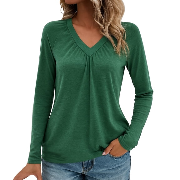 VISALY Long Sleeve Shirts V Neck Basic Tee Shirts Dressy Casual Blouses Basic Layers Loose Fit Soft Casual Pleated Tops Flowy Tops Smocked Tops Modest Blouses Solid T-Shirts Fall Outfits Green L