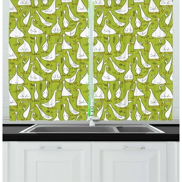 Ambesonne Goose Kitchen Curtains, Funny Creatures Acting Funny, 55"x45", Apple Green Orange