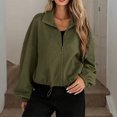 thumbnail image 4 of WTOBBY Women's Fashion Solid Color Baseball Jacket with Long Sleeve, High Neck, Drawstring Hem, and Pockets,Army Green L, 4 of 7