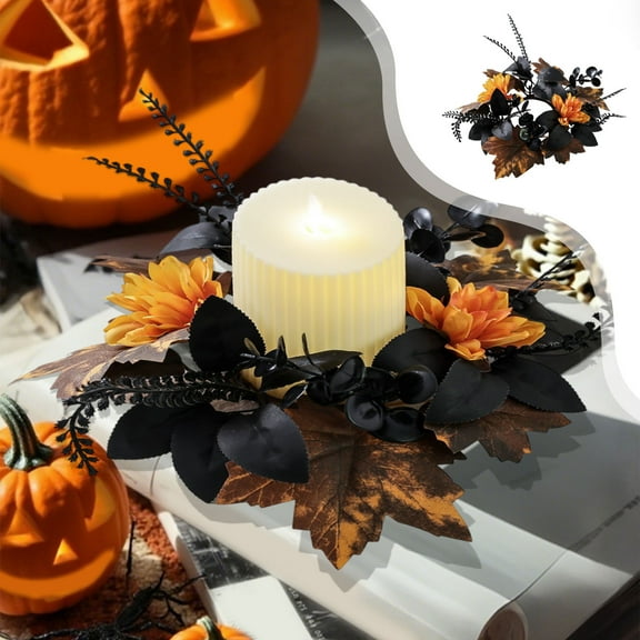 YZEGDCH Halloween Candles With Garland Artificial Black Leaves Wreaths Candle Rings Wreaths for Fall, Halloween & Thanksgiving Home Decor Gifts