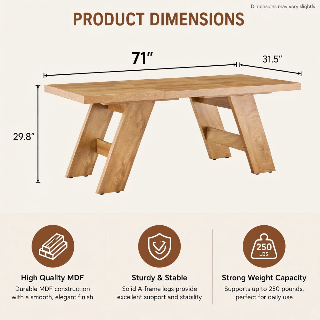 Hommoo Modern Grain MDF Dining Table, 71" x 31.5" Rectangular Extendable-Style Table with V-Shaped Outward-Sloping Legs, Seats 6–8, for Dining Room, Home Office & Multi-Use Spaces, Natural