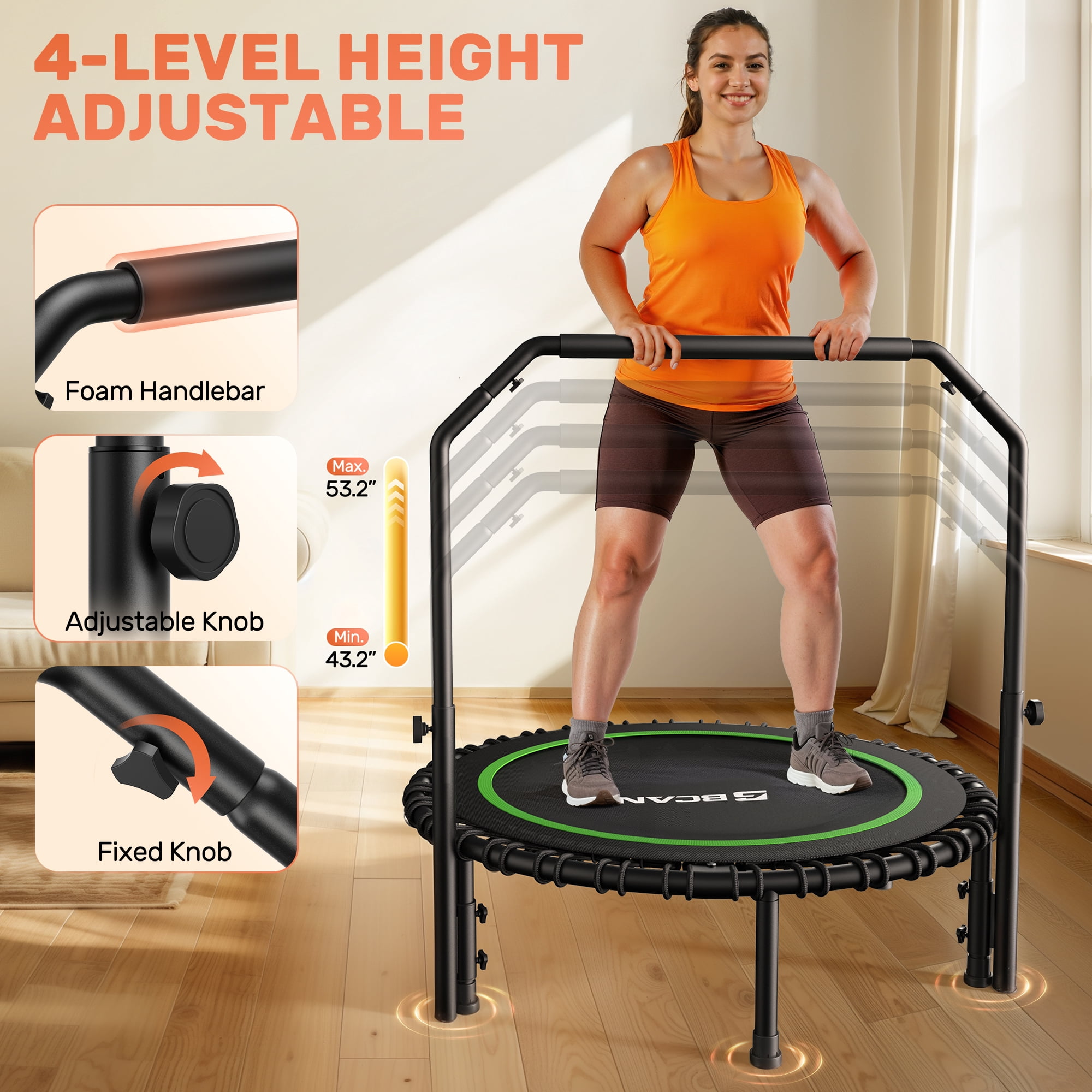 BCAN 450 LBS Foldable Mini Trampoline, 40" Fitness Trampoline with Bungees, Stable & Quiet Exercise Rebounder for Kids/Adults