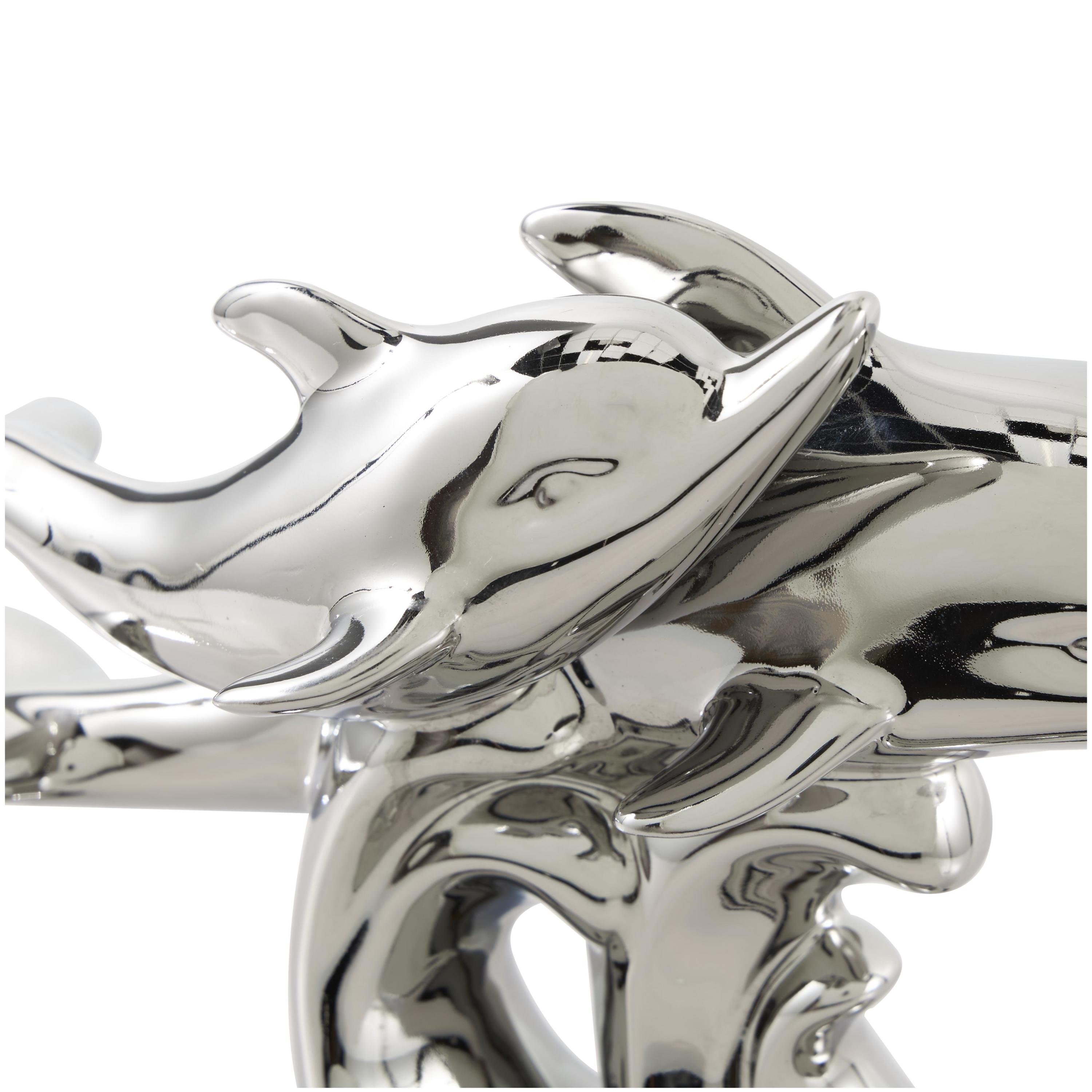 10" x 9" Silver Ceramic Dolphin Sculpture with Black Block Base, by DecMode