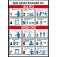 thumbnail image 1 of Señal de seguridad: "Que hacer en caso de sismos e incendios", rojo, azul y negro. Plástico estireno calibre 40, interior y exterior, 32 x 25 cm. Señalamiento, Cartel, Letrero cuadrado, Señalización., 1 of 5