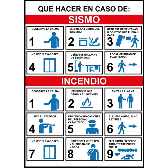 Señal de seguridad: "Que hacer en caso de sismos e incendios", rojo, azul y negro. Plástico estireno calibre 40, interior y exterior, 32 x 25 cm. Señalamiento, Cartel, Letrero cuadrado, Señalización.
