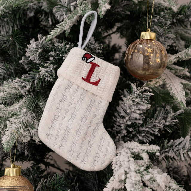 Xihbxyly Calcetines Navideños de Punto, Alfabeto Bordado Decorativo, Bolsa de Regalo Festiva, Medias de Lana para Decoración Navideña, Encantador Diseño de Enano, Navidad Blanca, Tamaño Mediano, 18 X