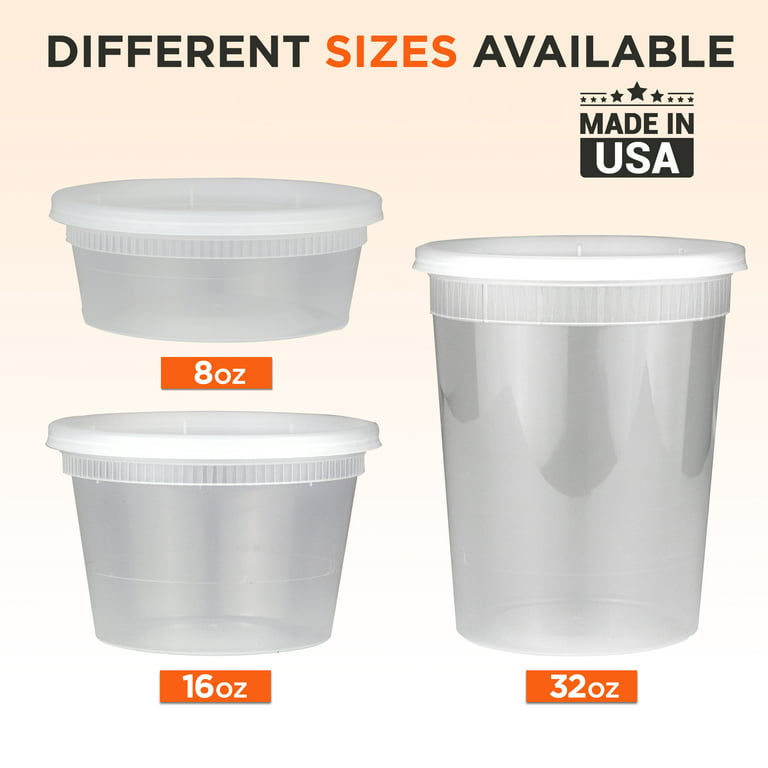 Fit Meal Prep Food Storage Containers with Lids, Round Plastic Deli Cups,  16 and 32 oz, Cup Pint Quart Size, Leak Proof, Airtight, Microwave 