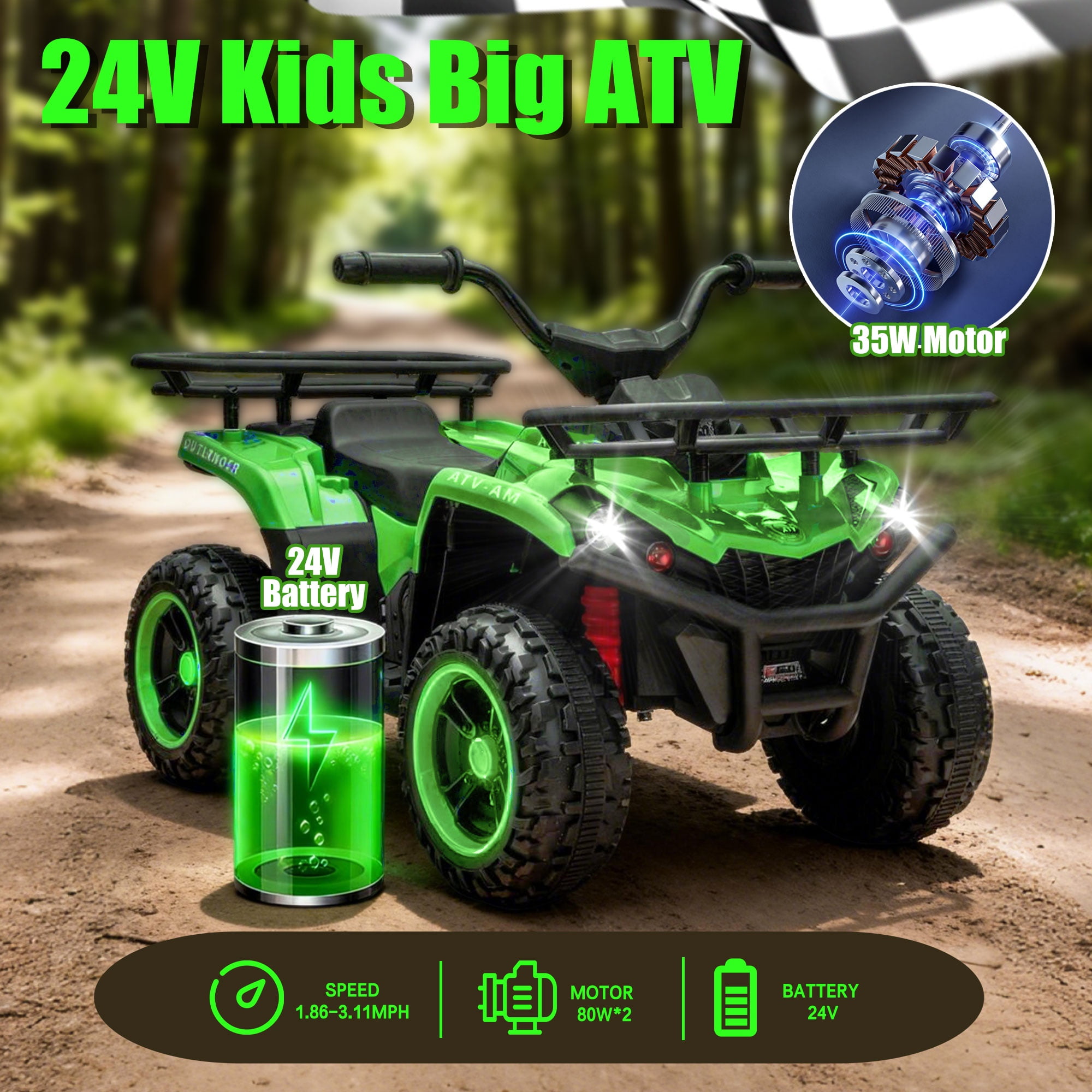 iYofe 24V Big Kids Ride on ATV Quad, Electric 4 Wheeler for Kids 3-6 with Battery Display, Anti-Slip Tires, LED Headlights, Bluetooth, MP3, Storage Racks, Gifts for Birthday & Christmas, Green