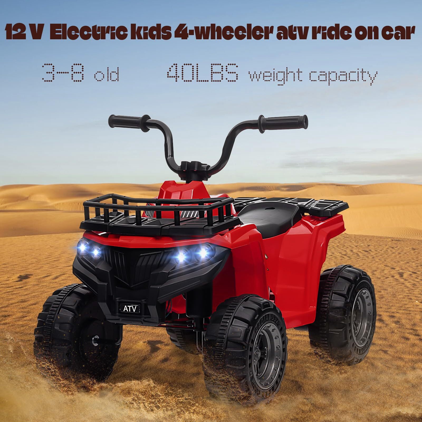Sakiyr 12V Kids Ride On ATV, Battery Powered Electric Vehicle with Led Light, 4-Wheeler Quad ATV Play Car 2 Speeds for Boys Girls