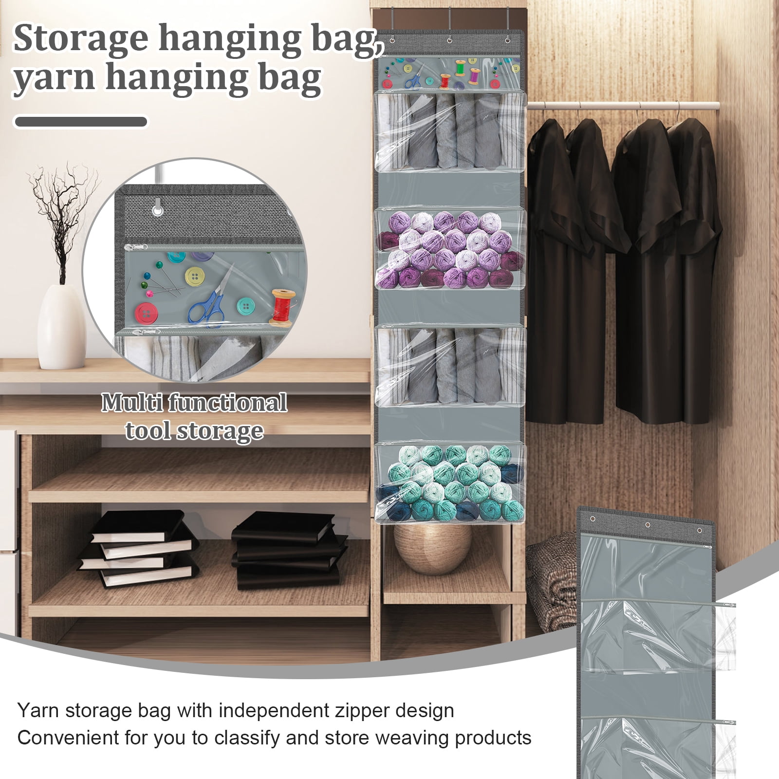 Hanging Yarn Storage Organizer Large Capacity Knitting Storage Organizer Space Saving Yarn Storage with 5 Zippered Compartments for Crochet Knitting Lovers