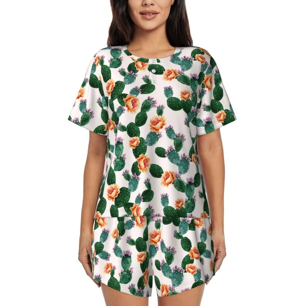 Fotbe Cactuses Conjunto de Pijama Estampado para Mujer, 2 Piezas, Ropa de Dormir con Camiseta de Manga Corta y Shorts Suaves-X-Large