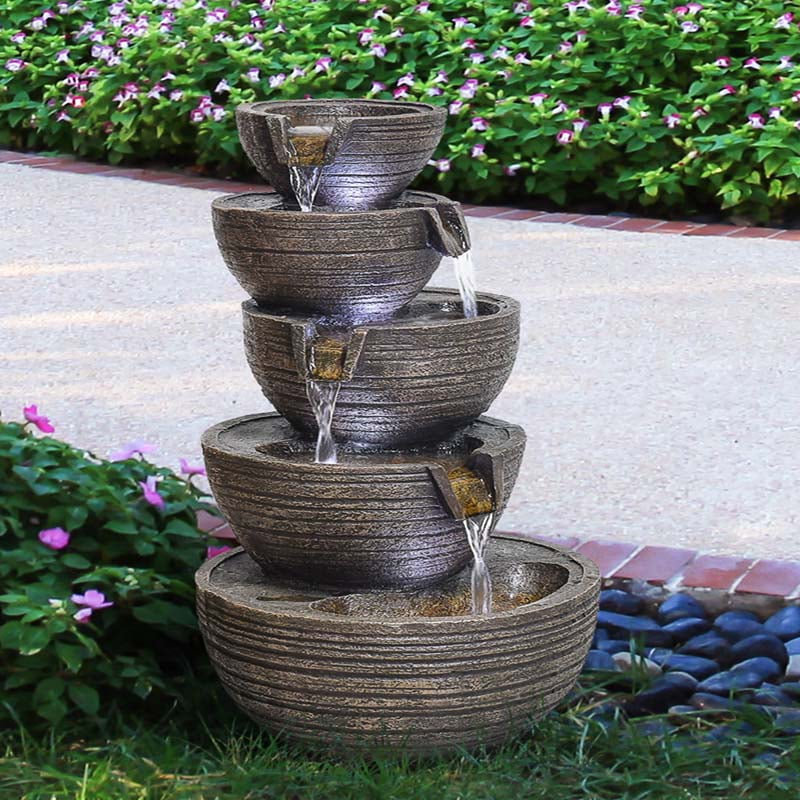 23’’H Outdoor Water Fountain With LED Lights, Modern Curved Waterslide