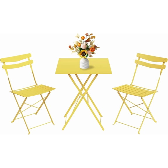 IdealHouse 3 Piece Patio Bistro Set, Folding Patio Bistro Table and Chairs Set of 2, Outdoor Patio Furniture Set, Metal Structure, No Assembly Need, for Balcony Yard Garden, Yellow
