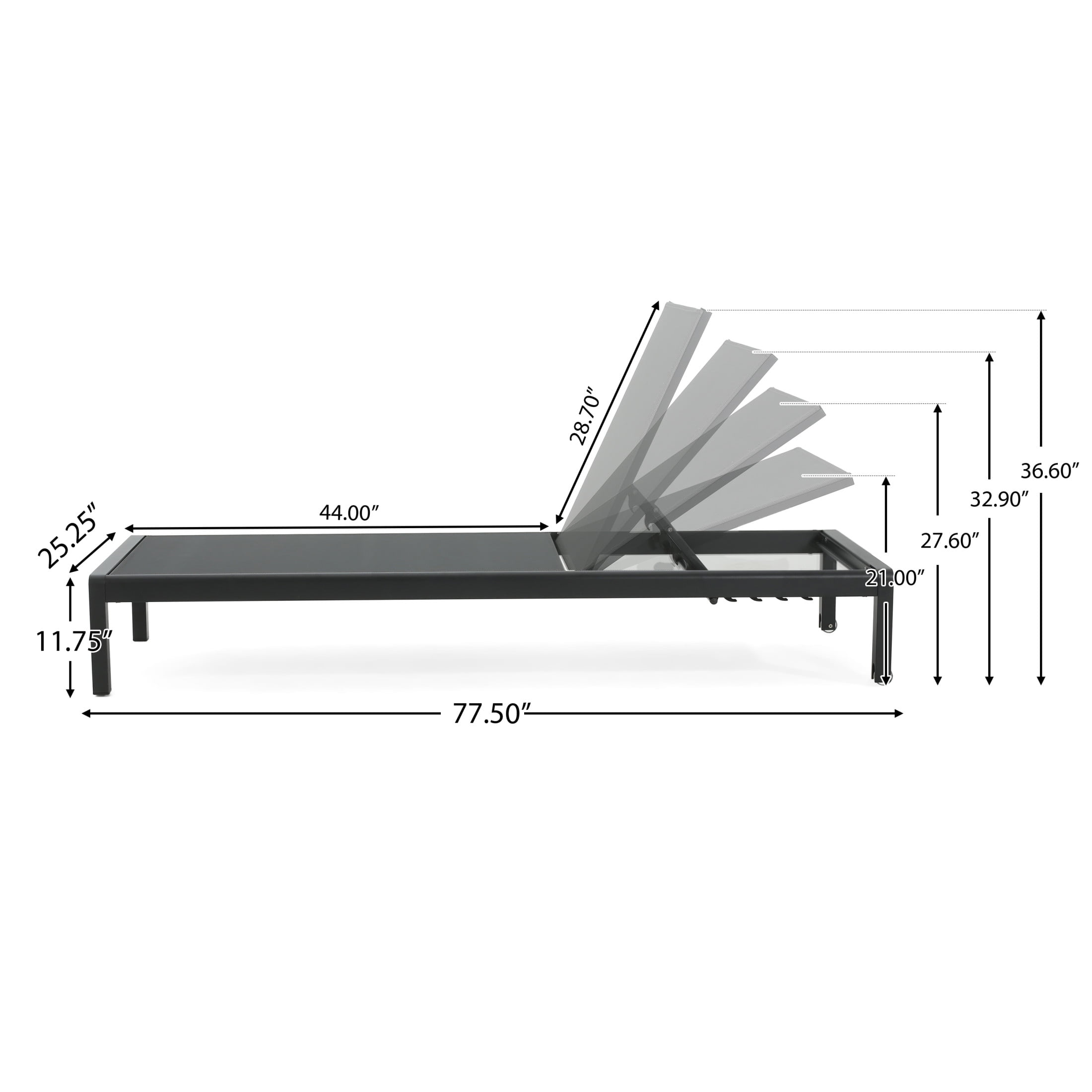 Outdoor Aluminum Mesh Chaise Lounges with Wheels and Adjustable Backrest, Black, Set of 2