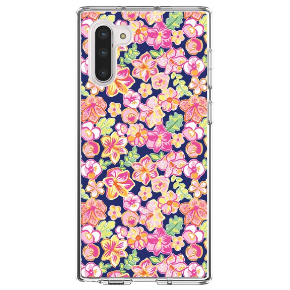 DistinctInk Clear Shockproof Hybrid Case for Samsung Galaxy Note 10 (6.3" Screen) - TPU Bumper, Acrylic Back, Tempered Glass Screen Protector - Preppy Pattern - Pink Green Navy Flowers Floral