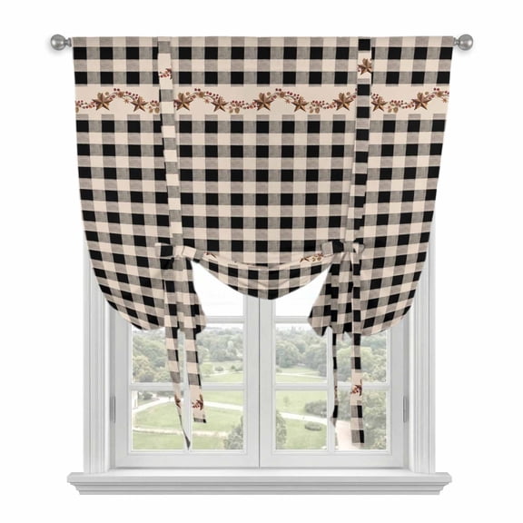 Western Texas Star Retro Balloon Curtains for Bedroom/Front Door/Bathroom, Country Vintage Black Beige Plaid Tie Up Curtains 63 Inch Length Light Filtering Kitchen Curtains Shades for Windows 46"x63"